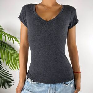 Vintage Y2K Gray Indie Grunge Casual V Neck Short Sleeve Fitted Top / S